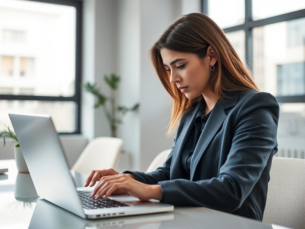 **Prompt for AI Image Generation:**

Create a realistic high-resolution image that illustrates the transformative power of AI in digital marketing. The composition should be simple and clear, focusing on a single subject: a professional-looking individual, a woman in a modern office environment, deeply engaged with a laptop displaying AI-powered analytics and marketing dashboards on the screen. 

The subject should have a look of concentration and excitement, symbolizing the innovative spirit of harnessing 