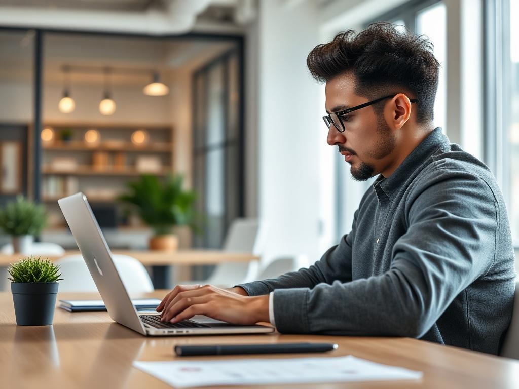 A hyper-realistic close-up shot of a digital marketing expert working on a laptop, analyzing social media metrics. The background should be a modern office space with a clean and professional look. The expert should be focused on the screen, showcasing various social media platforms. The image should have bright lighting to emphasize the details and a color palette that includes the primary color rgb(2, 86, 197) in the decor.