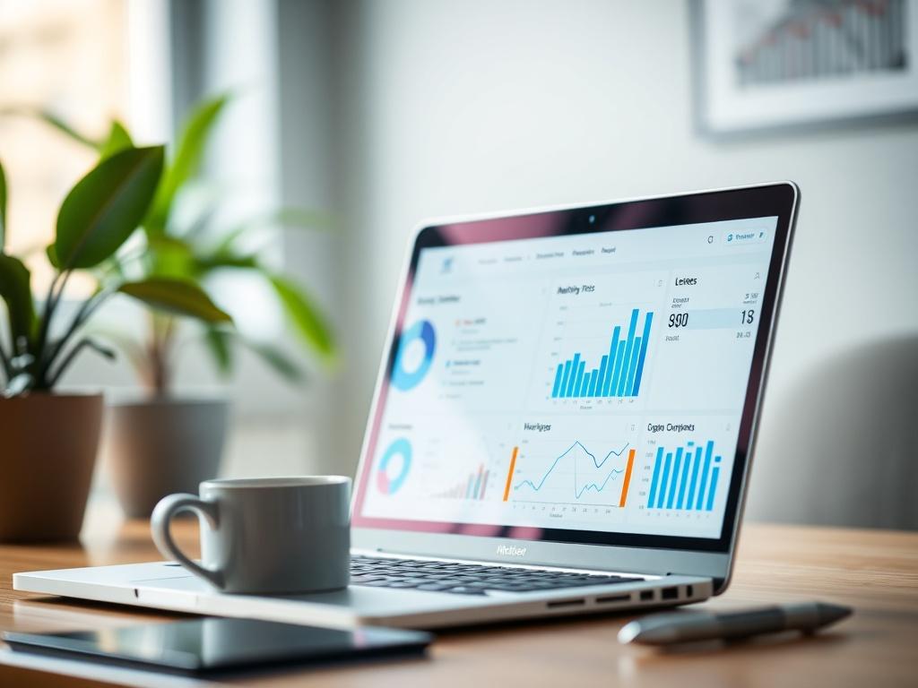 A realistic high-resolution close-up shot of a modern workspace featuring a laptop displaying digital marketing analytics. The scene includes a potted plant and a coffee cup, with soft natural light illuminating the workspace. The background is blurred to focus on the laptop screen, which showcases graphs and charts related to AI and digital marketing. The overall color scheme includes shades of blue, complementing the rgb(2, 86, 197) primary color.