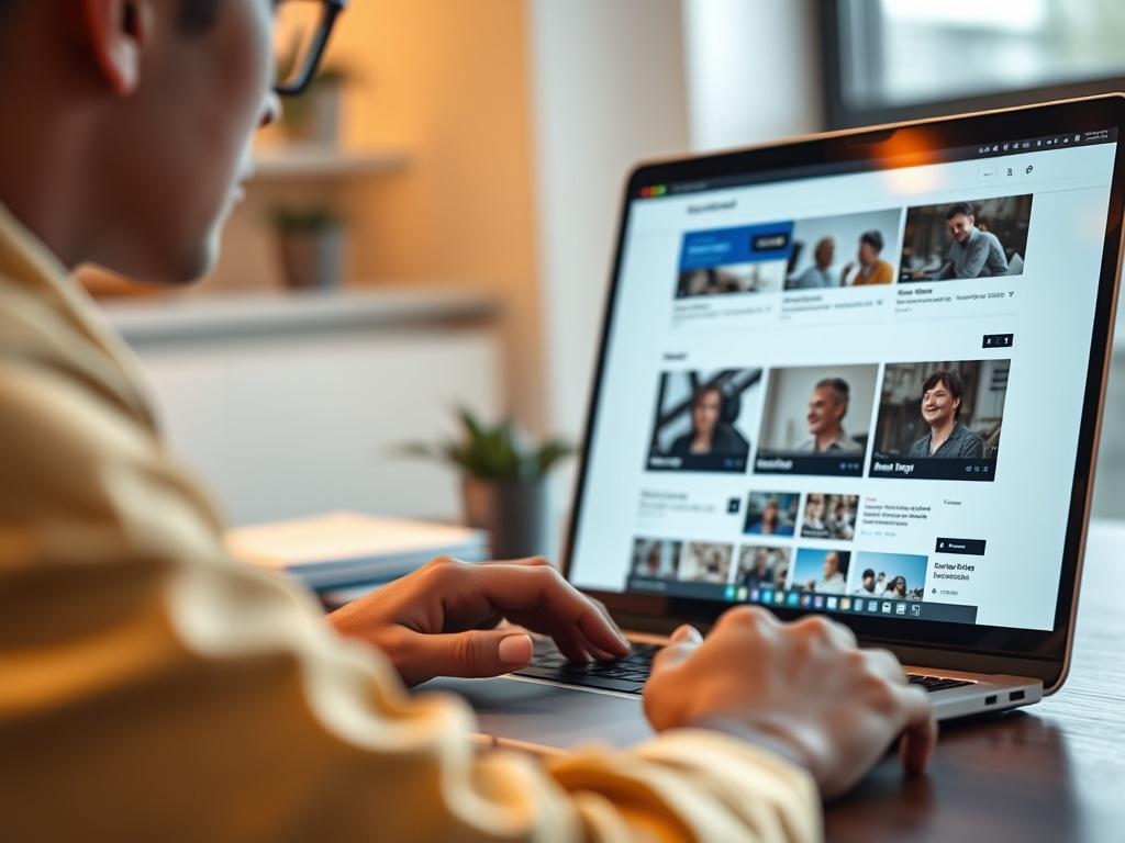 A close-up shot of a creative professional using a laptop to generate content through automation software. The screen should display snippets of automated content with a clean interface. The background can feature a modern workspace, slightly blurred, to emphasize the subject. Use warm tones with hints of blue to complement the primary color rgb(2, 86, 197). The image should evoke a sense of innovation and productivity.