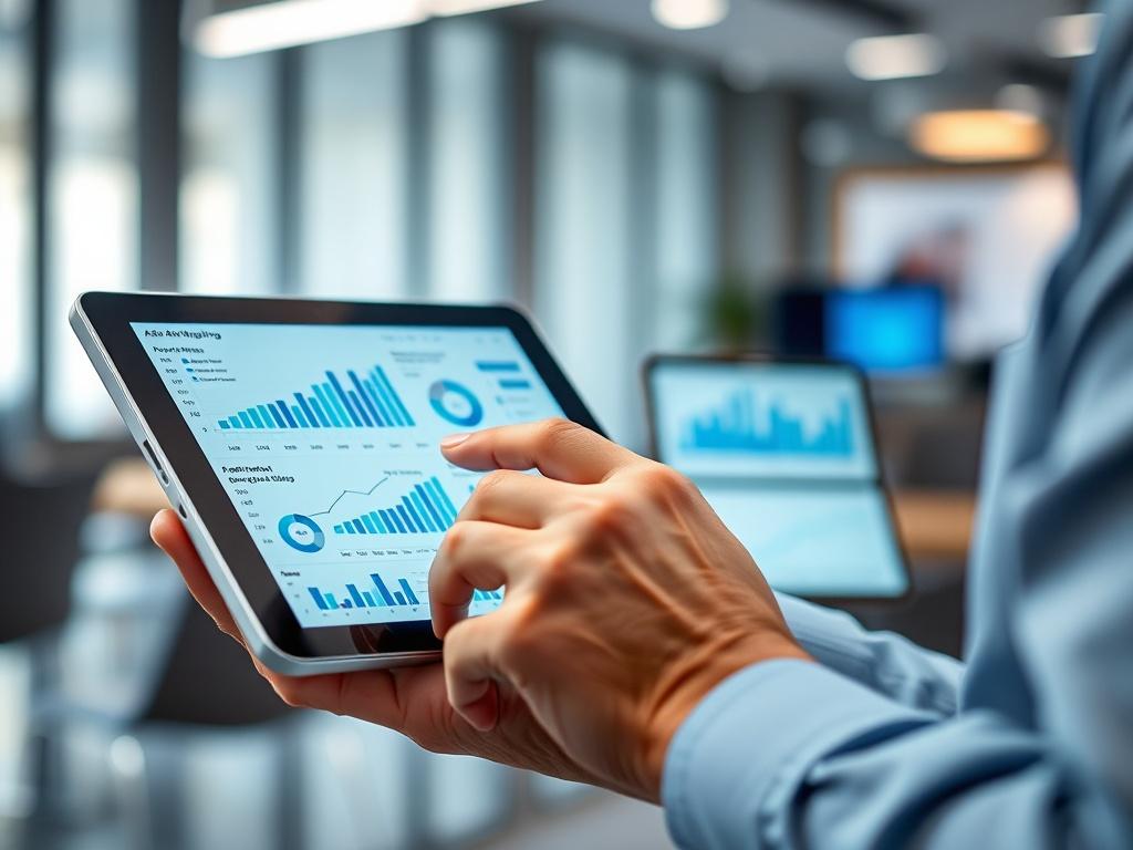 A close-up shot of a digital marketing specialist strategizing an advertising campaign on a tablet. The screen displays various ad metrics and graphs. The background should be a modern office environment with soft-focus, creating a professional yet engaging atmosphere. Incorporate shades of blue in the design to align with the primary color rgb(2, 86, 197). Capture a moment of inspiration and decision-making.