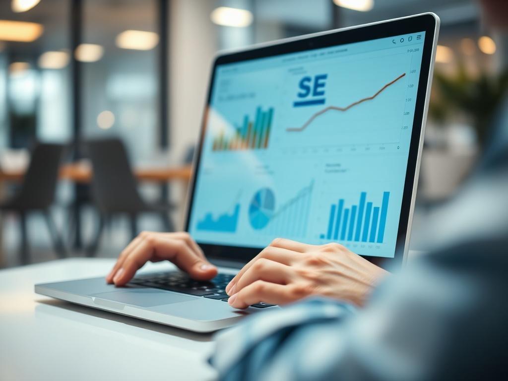 A close-up shot of a person analyzing SEO data on a laptop, with graphs and charts displayed on the screen. The focus should be on the laptop and the individual's hands, with a blurred background of an office setting. Use warm lighting to create an inviting atmosphere, and ensure the color scheme includes shades of blue to match the primary color rgb(2, 86, 197). The image should convey a sense of professionalism and modernity.