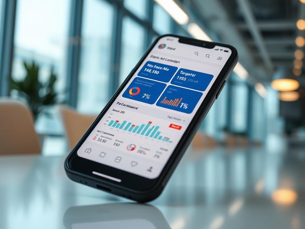 A close-up shot of a smartphone displaying a targeted ad campaign dashboard with performance metrics. The background is a contemporary office setting, softly lit to create a professional atmosphere. High-resolution, shot with a 45mm f/1.2 lens.