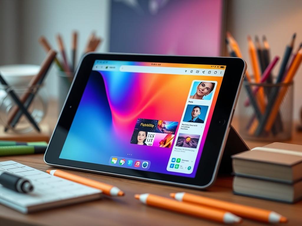 A close-up shot of a digital tablet displaying a vibrant content creation interface surrounded by creative stationery items. The background is softly blurred to keep the focus on the tablet, showcasing a modern and innovative workspace. High-resolution, shot with a 45mm f/1.2 lens.