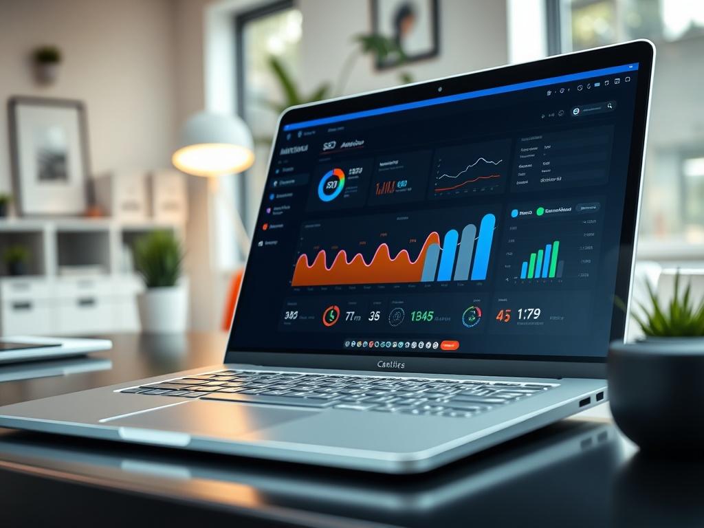 A close-up shot of a sleek, modern laptop displaying an SEO dashboard with colorful graphs and analytics. The background features a bright, clean workspace with minimalistic decor to emphasize productivity. High-resolution, shot with a 45mm f/1.2 lens.
