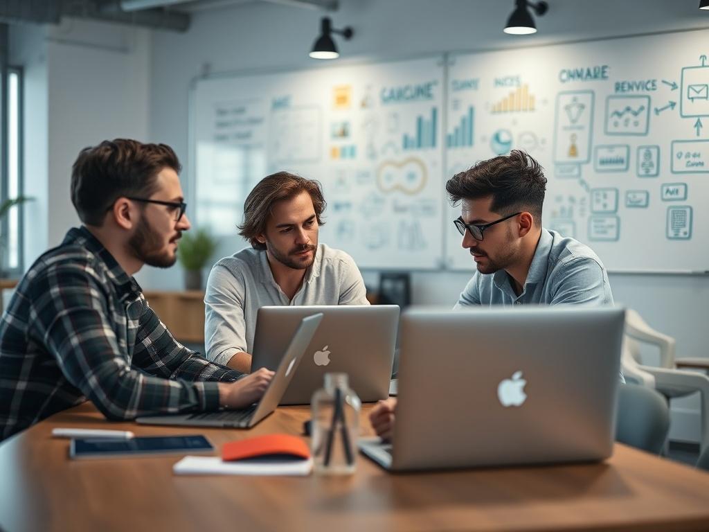 A close-up shot of a tech startup team brainstorming at a modern workspace, with laptops open and ideas on a whiteboard in the background. The scene should convey innovation and collaboration.