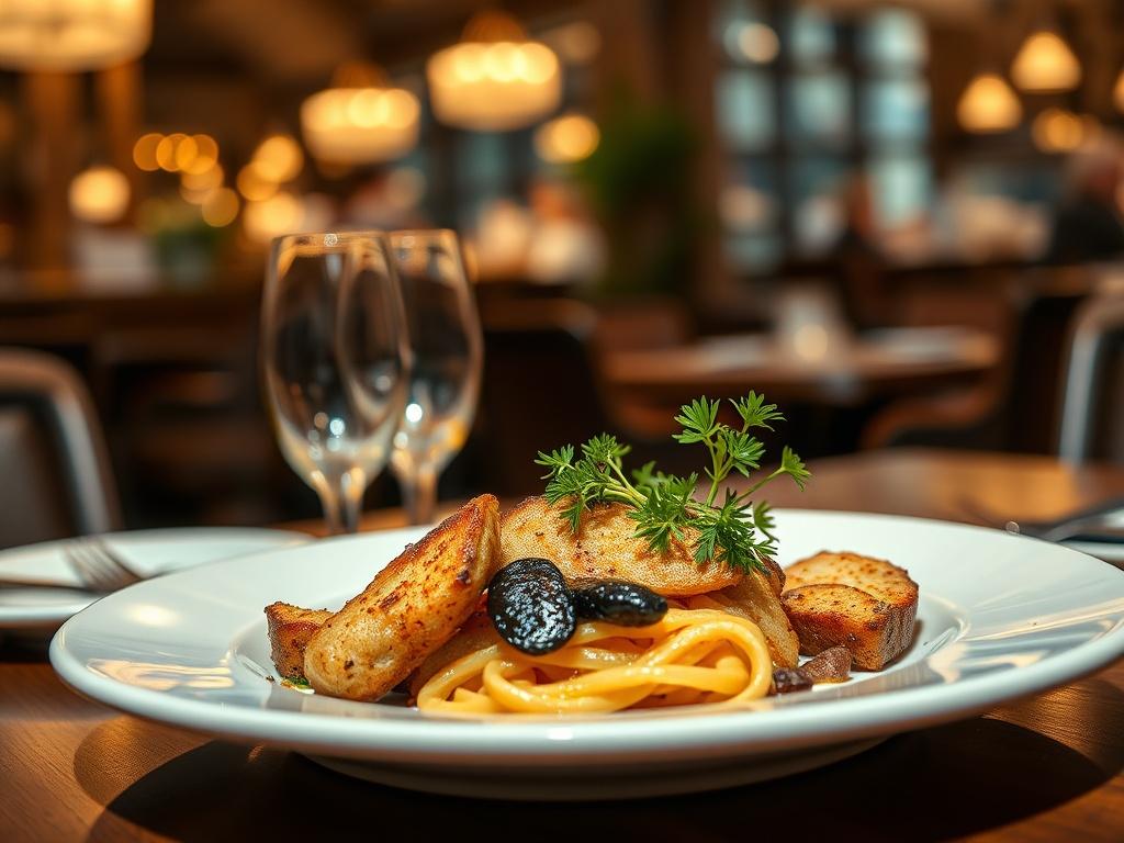 A close-up shot of a delicious dish served at a restaurant, beautifully plated and garnished. The background should feature a cozy dining setting with warm lighting, creating an inviting atmosphere.