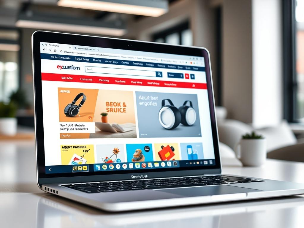 A close-up shot of a thriving e-commerce website displayed on a laptop screen, showcasing vibrant product images and engaging content. The background should be a modern office space with soft lighting, emphasizing a professional atmosphere.