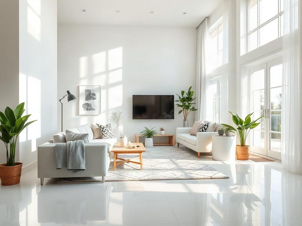 A pristine model home interior, showcasing a clean living room with stylish furniture, bright natural light streaming through large windows, and a polished floor. The focus is on the cleanliness and inviting atmosphere, with a touch of greenery from indoor plants, shot in hyper-realistic style with a close-up composition.