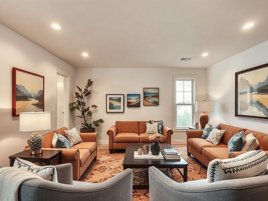 A beautifully staged model home showcasing a well-decorated living room with tasteful furniture, art on the walls, and a warm, inviting ambiance. The image highlights the effective use of space and decor to attract buyers, shot in hyper-realistic style with a close-up composition.