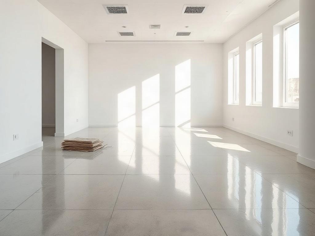 A newly constructed room filled with sunlight, showcasing a clean, empty space with gleaming surfaces and no debris. The image captures the essence of a post-construction clean-up, with a focus on the polished floor and spotless walls, shot in hyper-realistic style with a close-up composition.