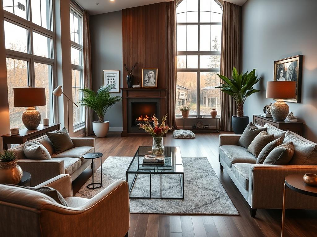An elegantly staged model home, showcasing a beautifully arranged living