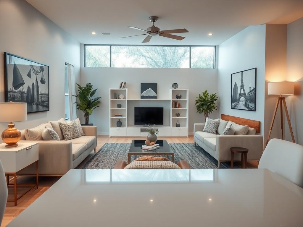 A pristine model home interior, showcasing gleaming surfaces and organized
