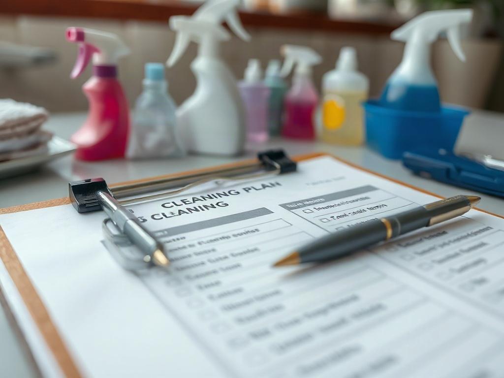 A close-up of a detailed cleaning plan on a clipboard, with a pen and cleaning supplies in the background. The plan includes a checklist of tasks to be completed. Soft natural light filters in, highlighting the organized workspace. The focus is on the plan, conveying professionalism and attention to detail.