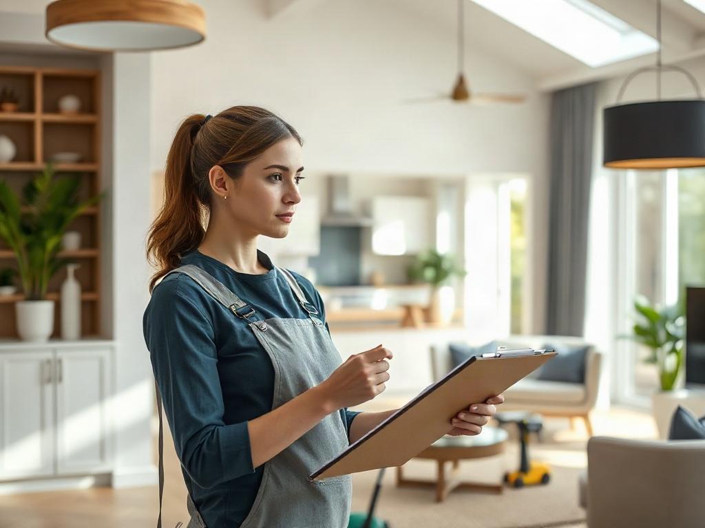 A professional cleaner assessing a model home, clipboard in hand, in a well-lit room filled with natural light. The interior features modern decor and pristine surfaces. The cleaner has a focused expression, surrounded by hints of the cleaning equipment that will be used. The background is soft and unobtrusive, emphasizing the clean lines and organized space.