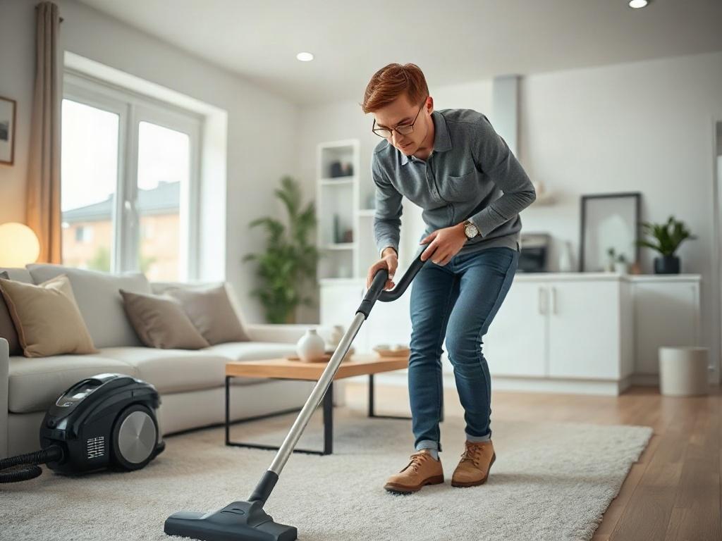 An action shot of a professional cleaner in a model home, using a high-quality vacuum cleaner. The cleaner is focused and determined, with a pristine, modern interior in the background. The image captures the dynamic nature of the cleaning process, showcasing attention to detail and professionalism in a well-lit environment.