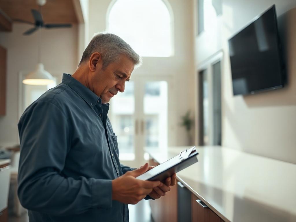 A professional cleaner conducting a final walkthrough in a spotless model home. The cleaner is inspecting surfaces closely, clipboard in hand, with bright natural light illuminating the room. The image conveys thoroughness and a commitment to quality, highlighting the pristine condition of the space.