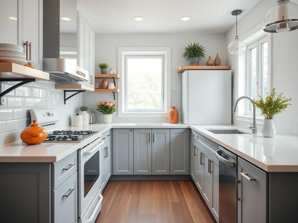 A hyper-realistic close-up shot of a beautifully cleaned kitchen, showcasing gleaming countertops, sparkling appliances, and neatly arranged decor. The image should have a simple composition, with a focus on the kitchen's cleanliness and organization. The background should be softly blurred to emphasize the kitchen as the main subject, capturing the essence of a home ready for sale. The lighting should be bright and inviting, reflecting a fresh and clean atmosphere.