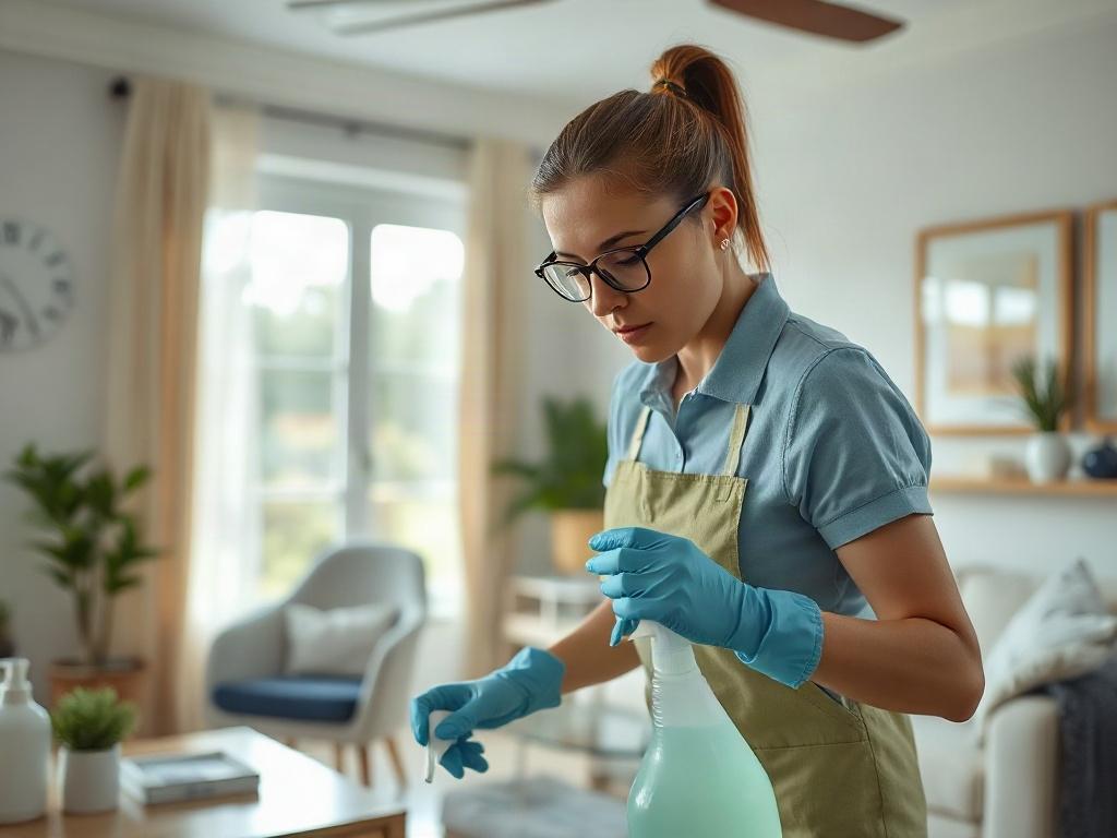 A hyper-realistic close-up shot of a professional cleaner meticulously cleaning a model home. The cleaner is focused, wearing gloves, and using eco-friendly cleaning products. The background features a beautifully staged living room with bright natural light illuminating the space, showcasing a clean and organized environment. The image should be vibrant, with a primary color palette of rgb(2, 86, 197), emphasizing cleanliness and professionalism.