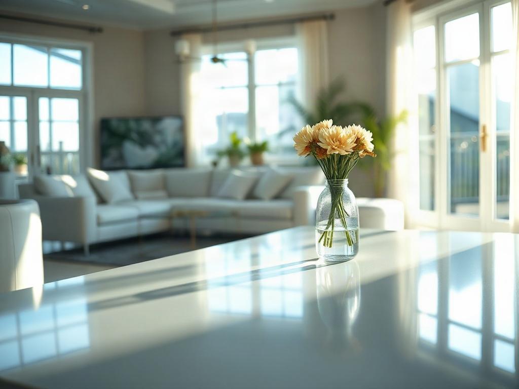 A close-up shot of a beautifully cleaned model home interior, showcasing gleaming surfaces and a welcoming atmosphere. The focus is on the living room, with sunlight streaming through large windows, highlighting the cleanliness. A single decorative item, like a vase with fresh flowers, sits on a polished coffee table. The background is softly blurred to emphasize the immaculate details of the room.