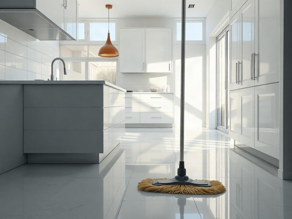 A close-up shot of a freshly cleaned post-construction space, highlighting spotless floors and gleaming surfaces. The scene shows a pristine kitchen with modern fixtures, devoid of any construction debris. Sunlight pours in, illuminating the cleanliness of the countertops and cabinets. A single cleaning tool, like a mop or vacuum, is subtly included in the foreground to signify the cleaning process.