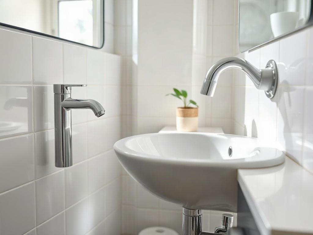 A close-up shot of a sparkling clean bathroom, showcasing the results of a deep cleaning effort. The focus is on gleaming tiles, a shiny sink, and a perfectly arranged set of toiletries. Natural light illuminates the space, enhancing the feeling of freshness and cleanliness. The background remains soft and blurred, emphasizing the pristine details of the bathroom.