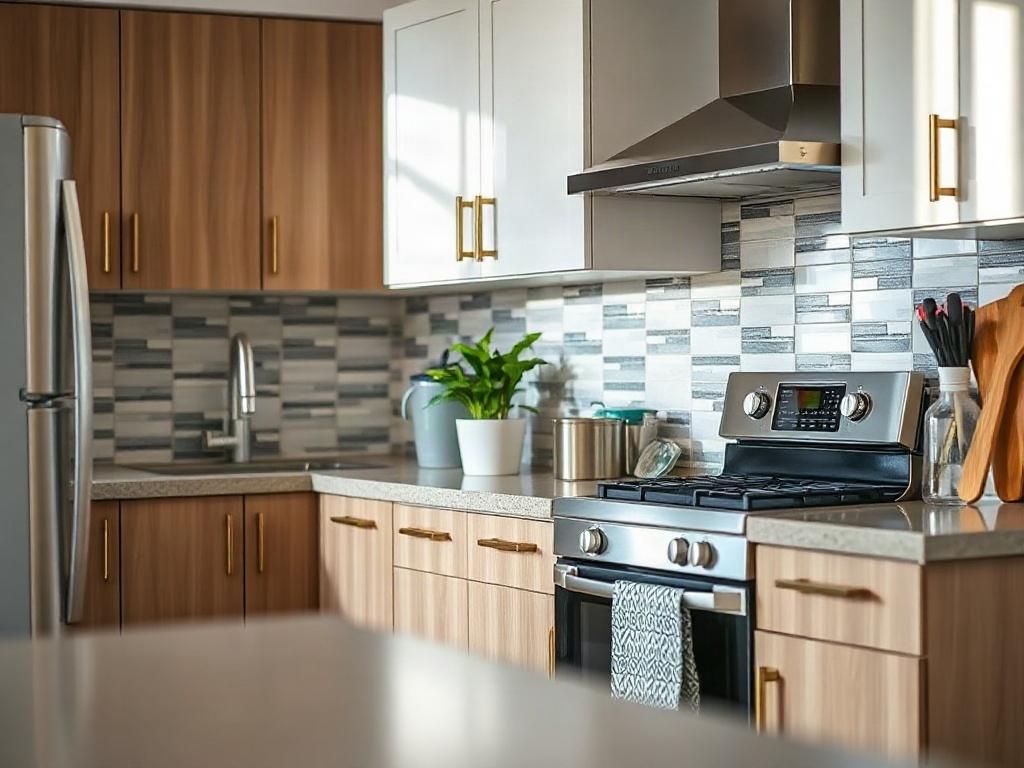 A high-resolution close-up shot of a beautifully renovated apartment kitchen, showcasing modern cabinetry, stylish tile backsplash, and sleek appliances. The composition should highlight the intricate details of the finishes, with natural light illuminating the space. The background should be softly blurred to keep the focus on the kitchen elements, featuring a harmonious blend of colors that reflect a contemporary design aesthetic.