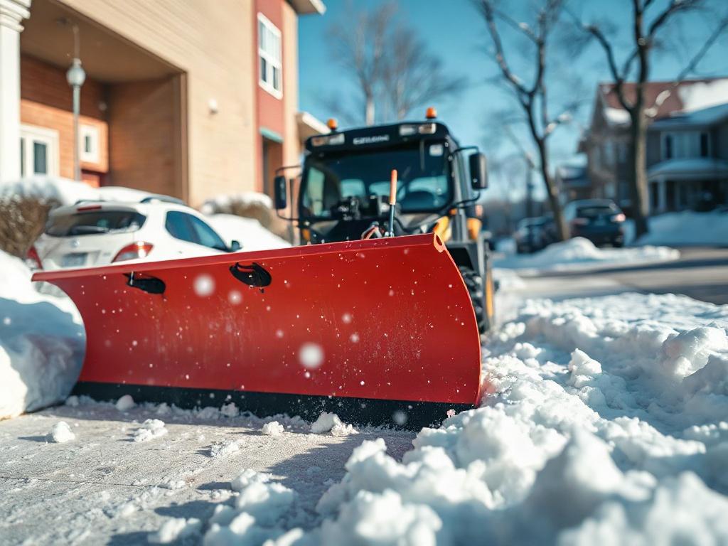 A close-up shot of a snow plow clearing a sidewalk in a residential area, with freshly fallen snow on the ground. The scene should capture the snowflakes in the air and a clear blue sky in the background. The snow plow should be in focus, showcasing its details, with soft shadows cast on the snow. The composition should be simple and clear, emphasizing the effectiveness of the snow removal process.