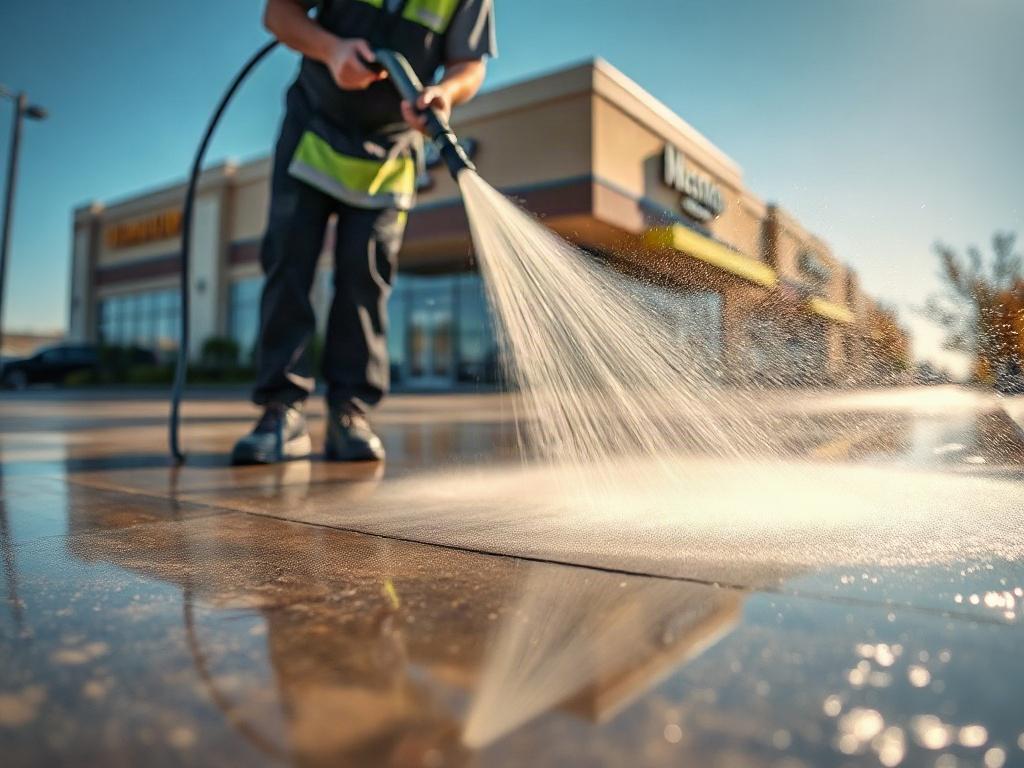A close-up shot of a pressure washing professional in action, cleaning a sidewalk at a commercial property. The scene captures the high-pressure water spray removing dirt and grime, with sparkling clean surfaces in the background. The focus is on the detailed spray pattern and the shiny, revitalized surface, highlighting the effectiveness of the cleaning process. The composition is simple, showcasing only the professional and the surface being cleaned, with a vibrant blue sky as the backdrop.