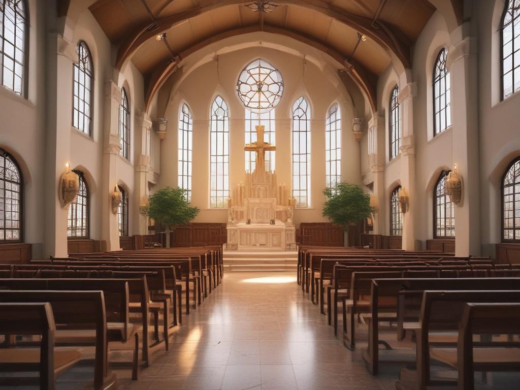 **AI Image Generation Prompt:**

Create a realistic high-resolution photo that embodies the theme "Embracing Inclusivity at Holy Spirit." The composition should focus on the interior of Holy Spirit Catholic Church, showcasing its welcoming atmosphere. 

**Subject Matter:**
- Capture a serene view of the church's altar adorned with flowers and candles, symbolizing warmth and acceptance. 
- Include inviting pews arranged in a circular formation to suggest community and togetherness, with gently lit warm golde