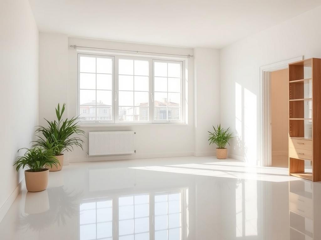 A beautifully cleaned empty apartment, showcasing freshly washed windows that let in ample light. The floors are gleaming, and the walls are spotless, reflecting a thorough move-in/move-out cleaning service. Light pastel shades create a warm and welcoming environment, ready for new occupants.