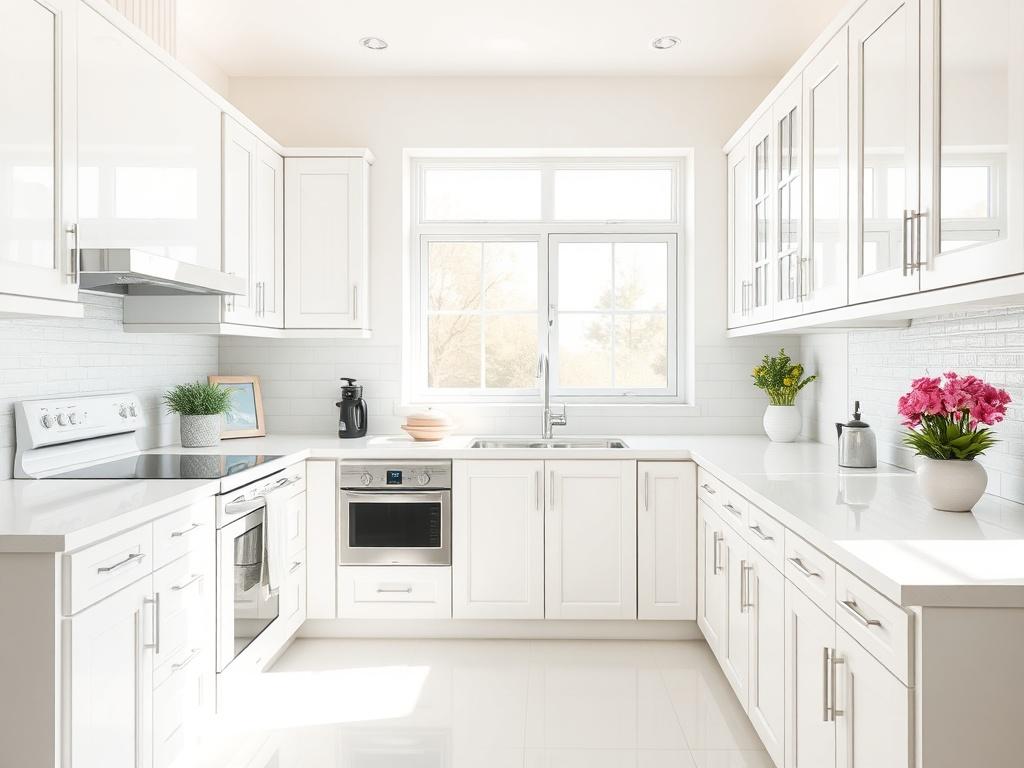 A pristine kitchen showcasing gleaming countertops and spotless appliances. The focus is on a well-organized space with soft pastel decor, reflecting a thorough cleaning service. Bright natural light fills the room, highlighting the clean surfaces and inviting ambiance, ideal for showcasing a deep cleaning service.
