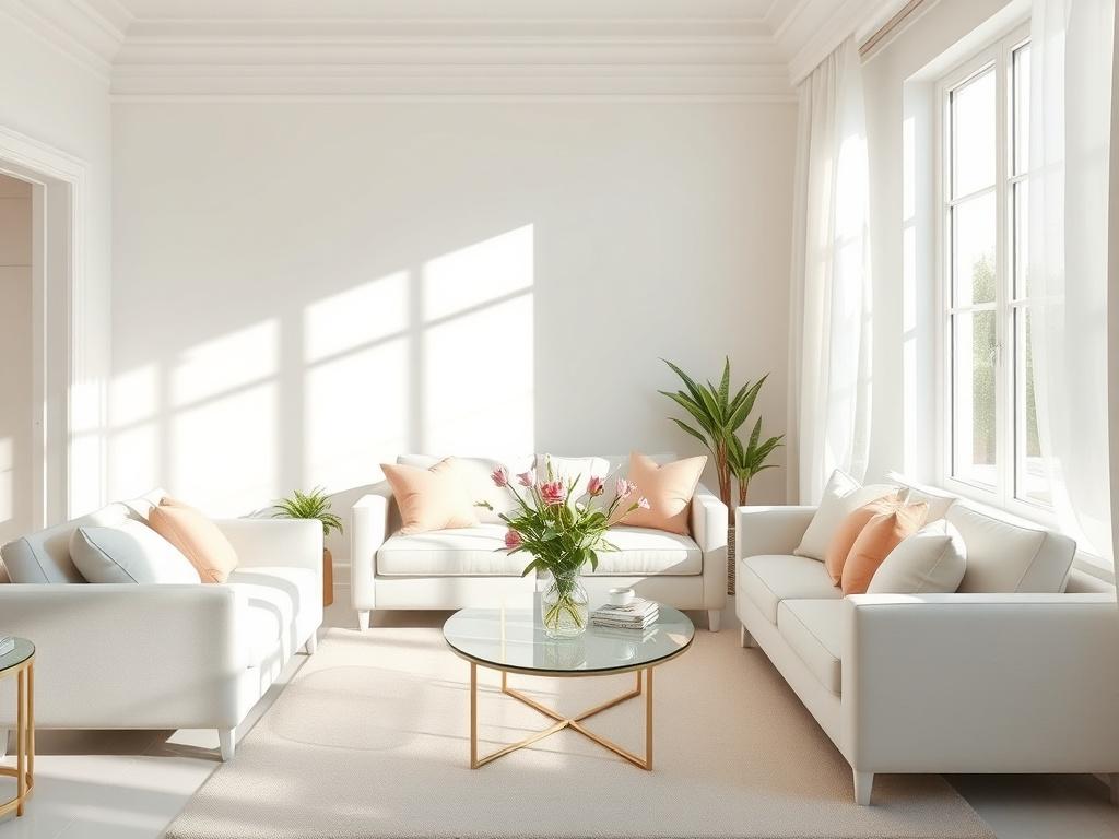 A bright and airy living room with crisp white walls and soft pastel accents. The room features a clean sofa with decorative pillows, a coffee table with fresh flowers, and sunlight streaming through the window, creating an inviting atmosphere. The overall feel is fresh and tidy, embodying a professional cleaning service's touch.