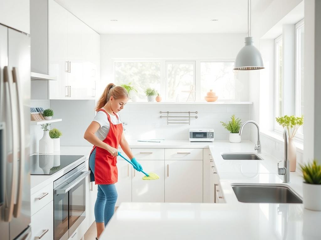 A bright kitchen scene with a professional cleaner scrubbing countertops and shining appliances. The background features sparkling surfaces and organized spaces, emphasizing cleanliness. The lighting is bright and airy, enhancing the fresh feel of the kitchen, with soft pastel accents in decor.