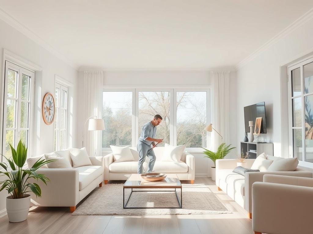 A bright and airy living room with soft pastel colors, featuring a professional cleaner in action, dusting and organizing. The room has large windows allowing natural light to fill the space, creating an inviting atmosphere. The focus is on the cleaner, showcasing cleanliness, with sparkling surfaces and a cozy ambiance.