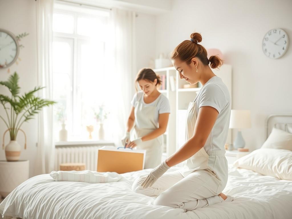 A cozy bedroom with a professional cleaner organizing and decluttering. The room is filled with natural light, emphasizing a clean and serene environment. The focus is on the cleaner, showcasing attention to detail, with soft pastel decor elements enhancing the inviting atmosphere.
