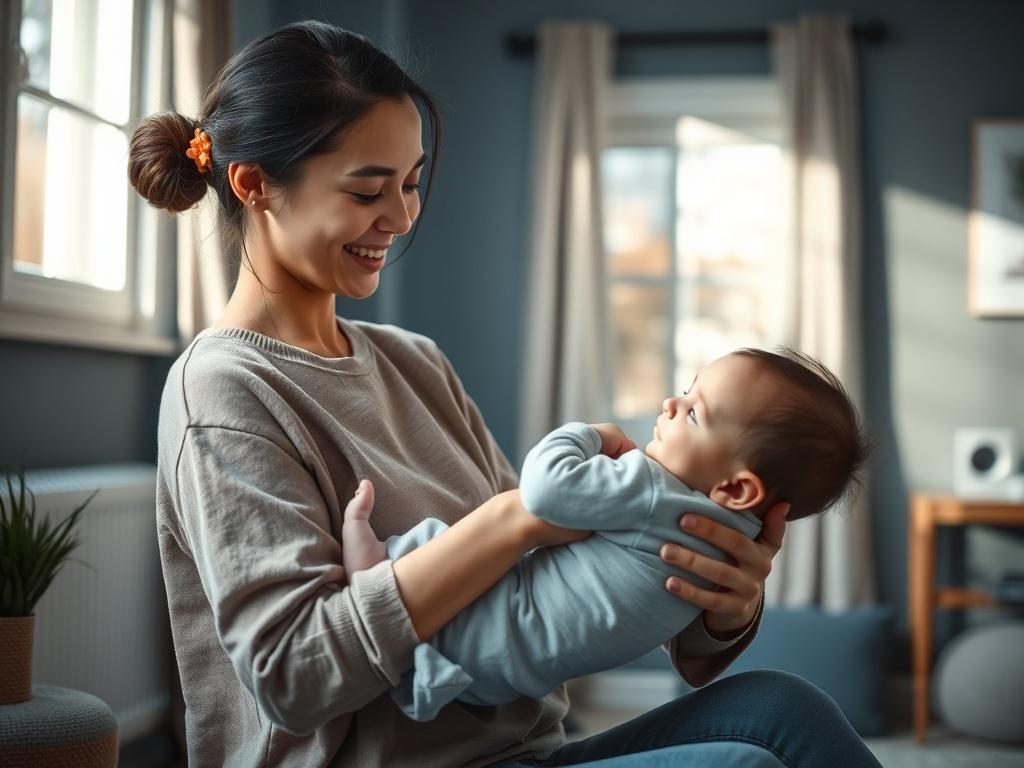 A young female parent with a warm smile, gently holding her infant child in a cozy, well-lit room. The background features soft gray walls and cool-toned decor, creating a calming atmosphere. The parent is engaged in a nurturing moment with her child, showcasing the bond of love and care. Natural light filters through a window, casting a gentle glow on the scene, emphasizing the warmth of their connection. The overall composition is simple and focused on the mother and child, evoking feelings of hope and em