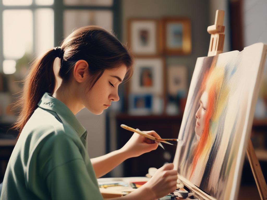 A close-up, hyper-realistic image of a focused teen artist painting on a canvas, shot with a 45mm f/1.2 lens. The background is an art studio with warm lighting, featuring subtle rgb(226, 1, 1) tones reflected in the artwork or decor.