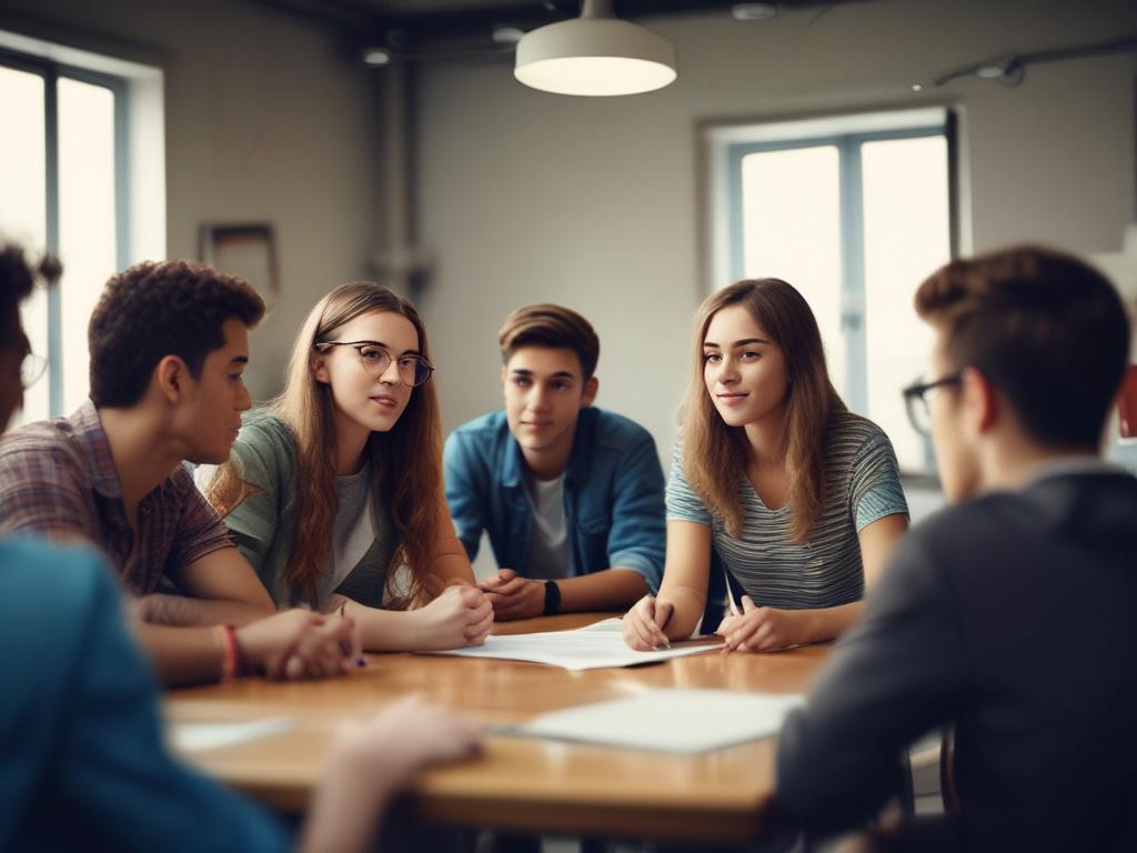 A close-up, hyper-realistic image of a confident teenager leading a group discussion, shot with a 45mm f/1.2 lens. The subject is in sharp focus, with a soft, blurred background hinting at a community center setting. The lighting highlights determination and energy, with subtle accents of rgb(226, 1, 1) in the environment.