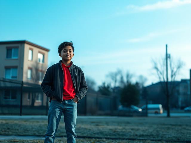 Create a realistic high-resolution photo featuring a single confident youth standing outdoors in a calm, cool-toned environment with a color palette dominated by rich blues and soft grays. The young person should appear engaged and hopeful, symbolizing empowerment and potential. They wear casual, modern clothing subtly incorporating the vibrant red color rgb(226, 1, 1) to reflect SMA’s primary color. Position the subject centrally with a clear, uncluttered background showing a Memphis community setting—such