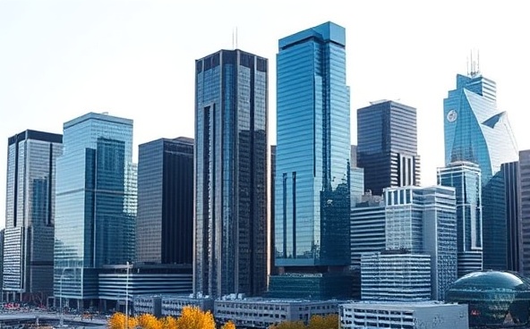 Urban downtown skyline with glass towers and modern architecture for financial district