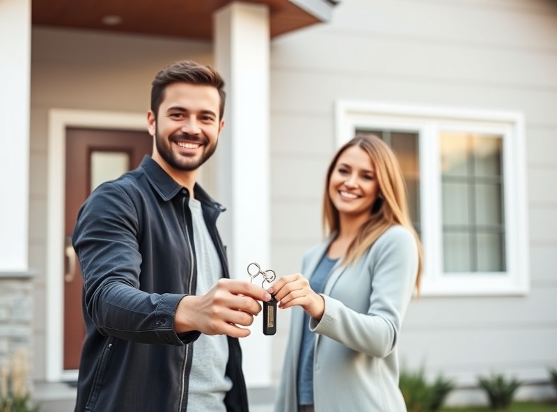 First-time homebuyers celebrating in front of their new home