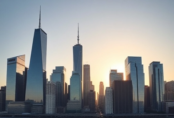 Modern city skyline at dawn with impressive financial district buildings and architecture