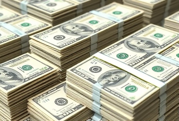 Detailed photograph of stacks of US dollar bills showing realistic money and wealth
