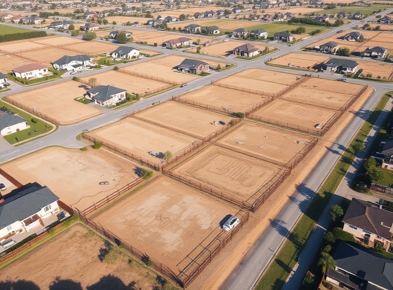 Aerial view of multiple shovel-ready vacant residential lots with clear property boundaries ready for development