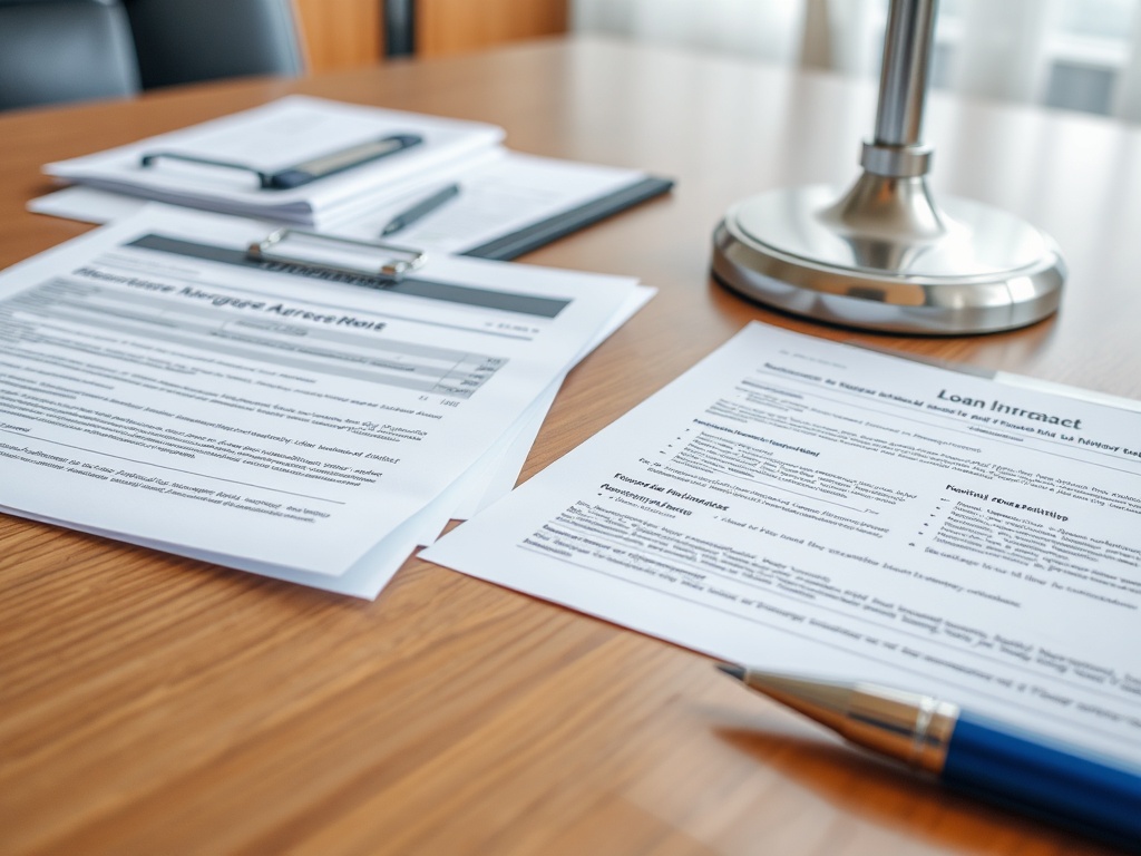 Professional financial documents, mortgage paperwork, and loan agreements on a wooden desk representing financial services expertise