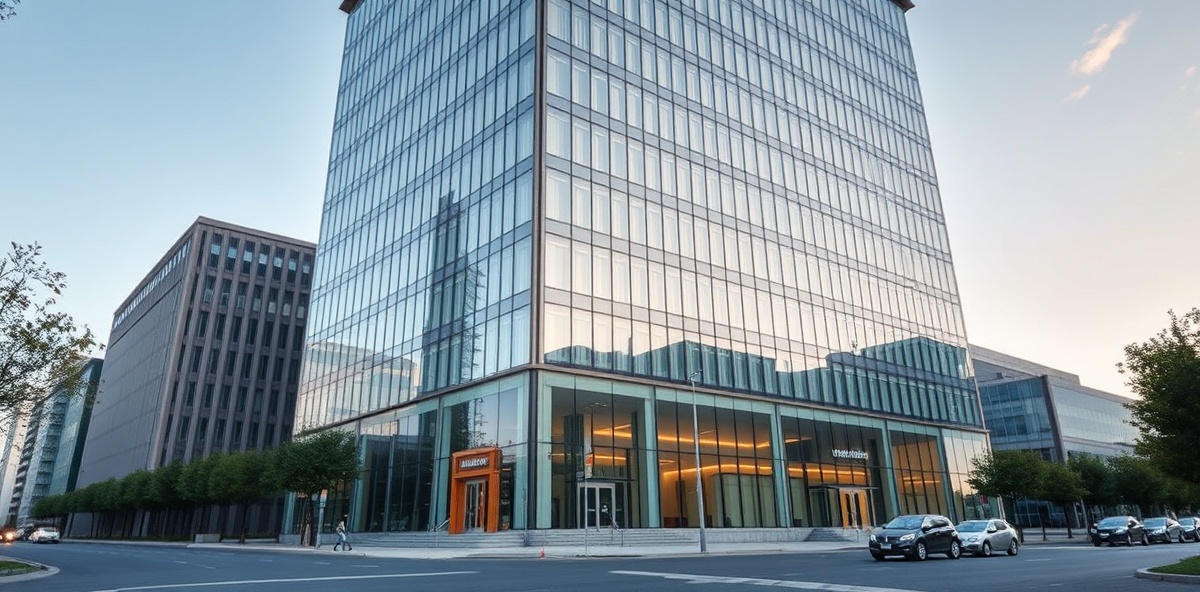 Modern commercial real estate property with glass and steel facade representing institutional capital and professional lending
