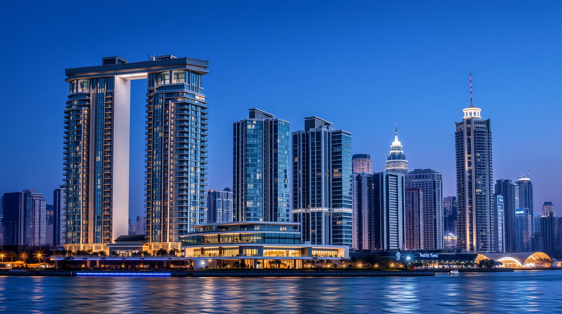 Modern luxury waterfront residential towers and high-rise buildings with city lights at dusk