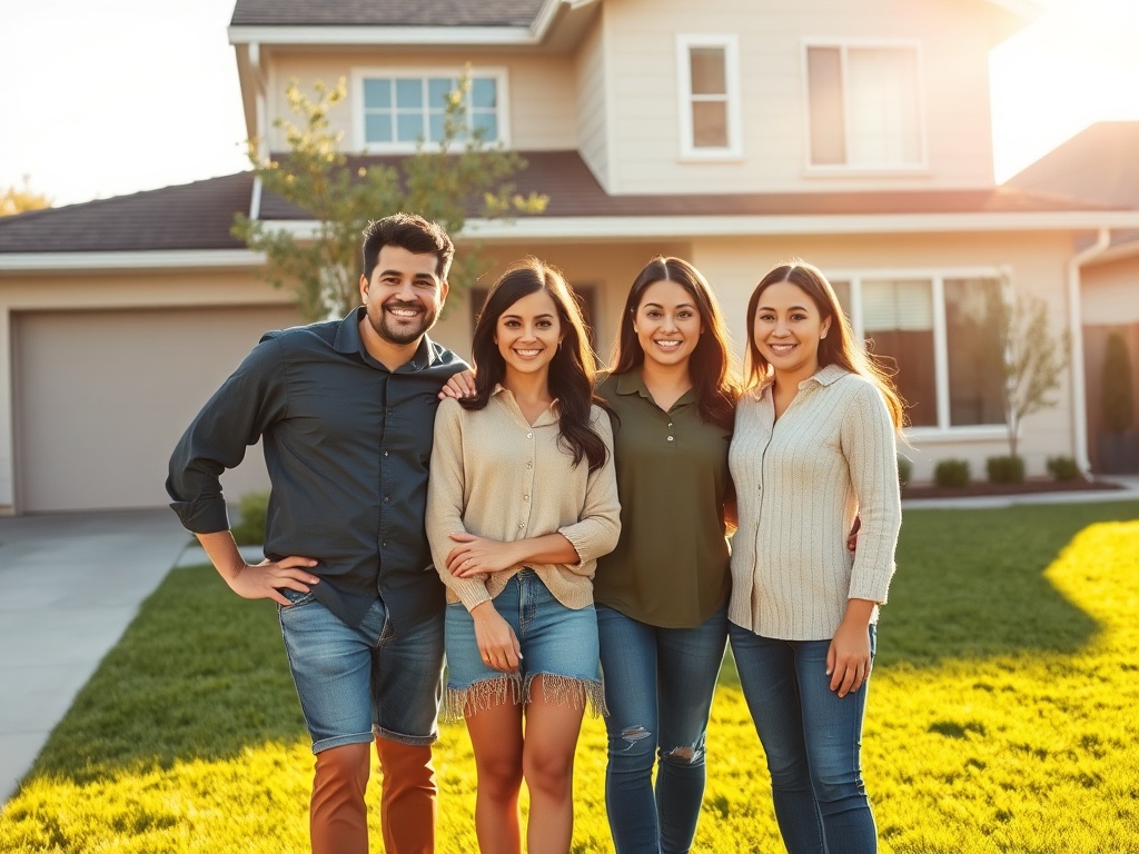 Family standing in front of their home ready to sell