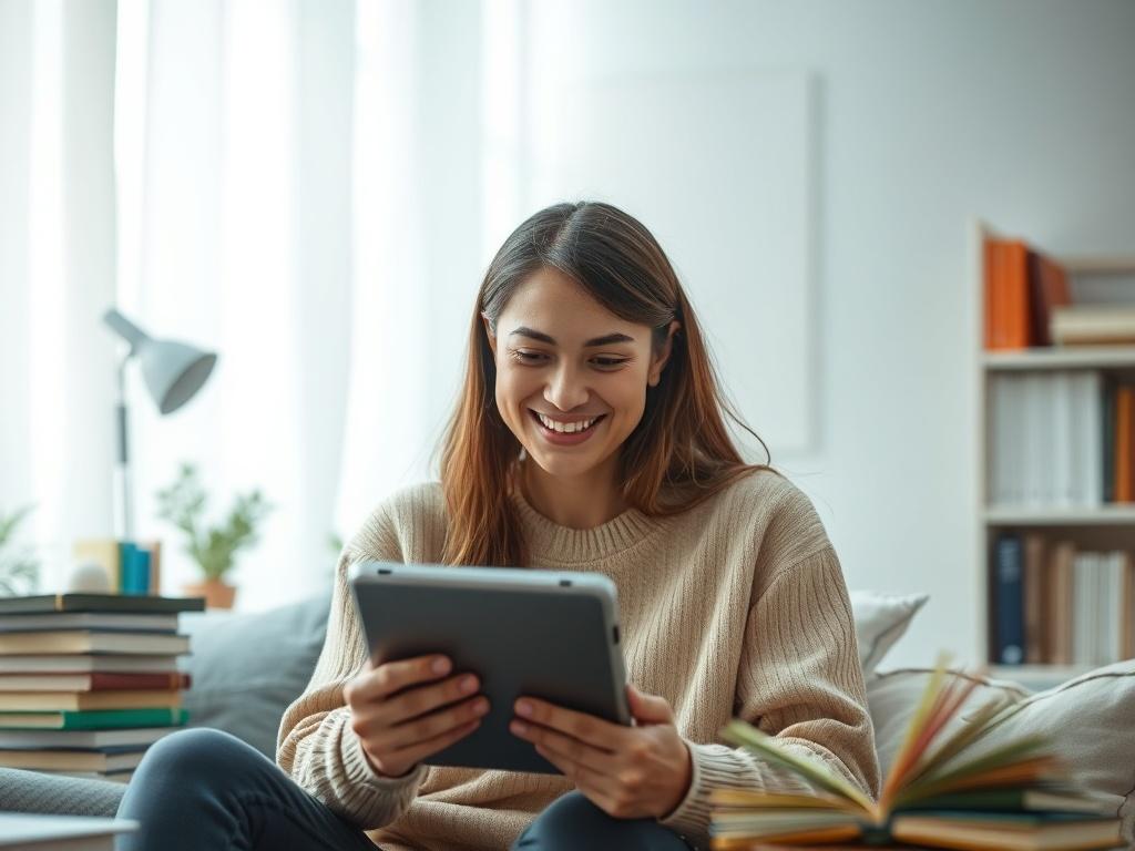A person smiling while taking an interactive quiz on a
